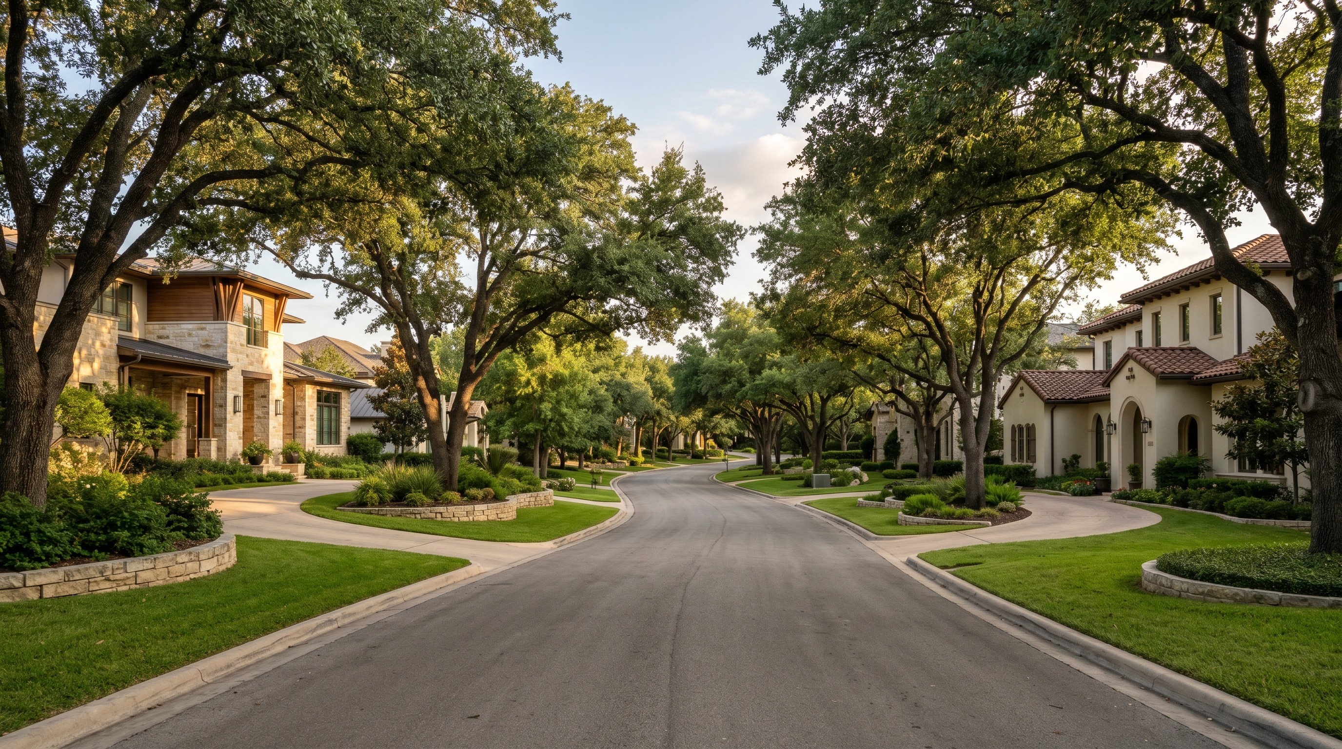 Tasteful San Antonio luxury neighborhood streetscape for Stone Oak real estate guidance